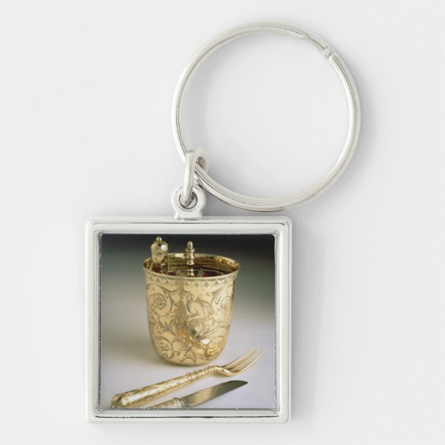 Travelling set of a knife, fork, spoon and beaker, keychain (Front)