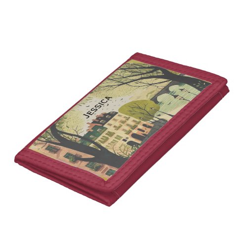 Travels inspired green pink trendy custom name trifold wallet