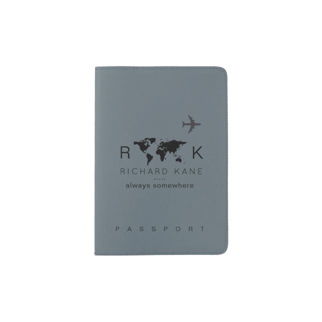 Travels Monogrammed Gray-Blue Passport Holder (Front)