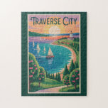Traverse City Lake Michigan Illustration Travel Jigsaw Puzzle<br><div class="desc">Traverse City retro vector travel design. Traverse City,  Michigan,  is a charming lakeside destination known as the Cherry Capital of the World,  offering visitors vineyards,  sandy Lake Michigan beaches,  and scenic landscapes.</div>