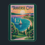 Traverse City Lake Michigan Illustration Travel Magnet<br><div class="desc">Traverse City retro vector travel design. Traverse City,  Michigan,  is a charming lakeside destination known as the Cherry Capital of the World,  offering visitors vineyards,  sandy Lake Michigan beaches,  and scenic landscapes.</div>