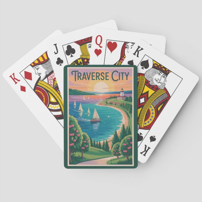 Traverse City Lake Michigan Illustration Travel Poker Cards (Back)
