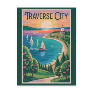 Traverse City Lake Michigan Illustration Travel Postcard