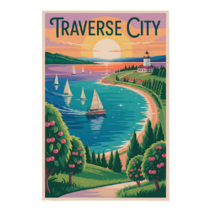 Traverse City Lake Michigan Illustration Travel Poster