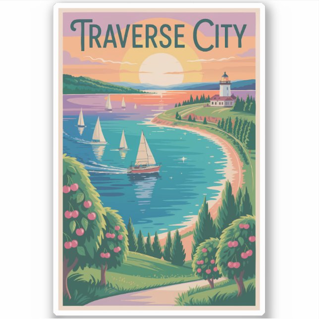 Traverse City Lake Michigan Illustration Travel Sticker (Front)