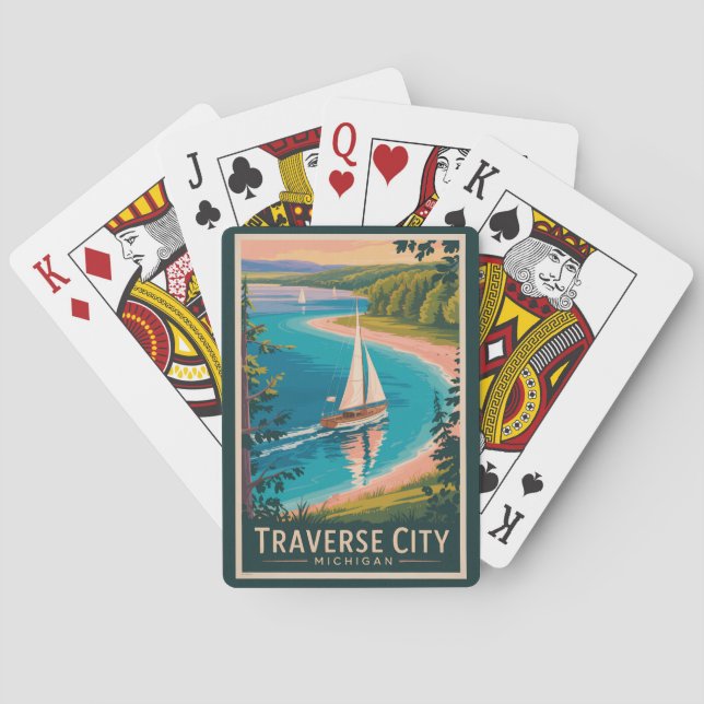 Traverse City Michigan Illustration Travel Art  Poker Cards (Back)