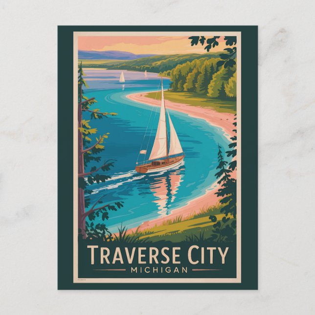 Traverse City Michigan Illustration Travel Art  Postcard (Front)