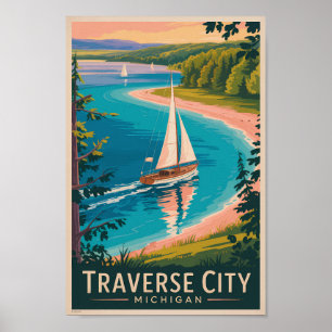 Traverse City Michigan Illustration Travel Art Poster