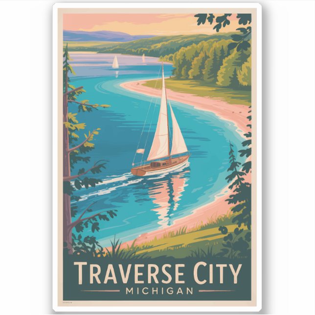 Traverse City Michigan Illustration Travel Art  Sticker (Front)