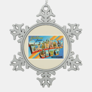 Traverse City Michigan MI Vintage Travel Souvenir Snowflake Pewter Christmas Ornament