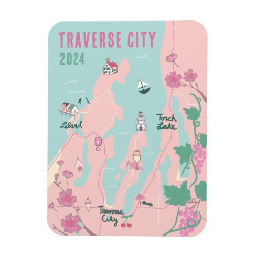 Traverse City Michigan Wine and Cherry Map Magnet