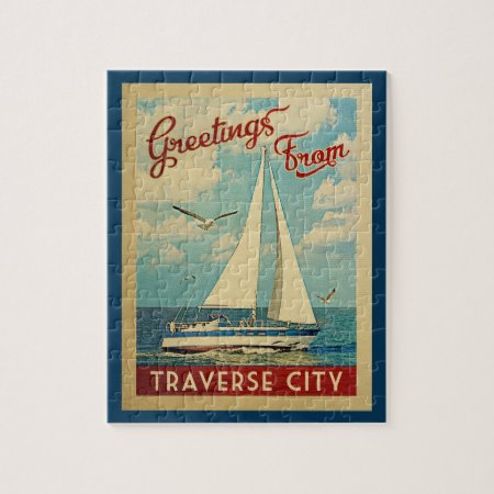 Traverse City Sailboat Vintage Travel Michigan Jigsaw Puzzle