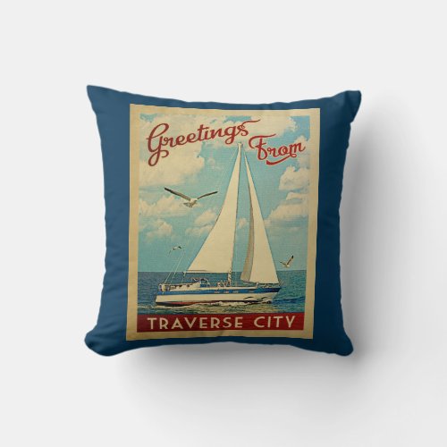 Traverse City Sailboat Vintage Travel Michigan Throw Pillow