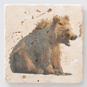 Travertine stone coaster w/ grizzly bear cub