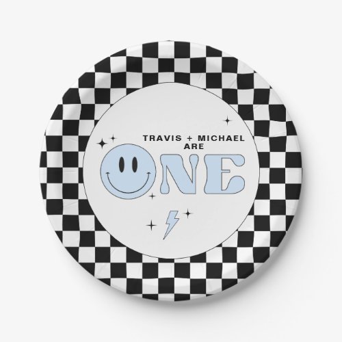 TRAVIS Blue One Happy Dude Smile Face Birthday Paper Plates