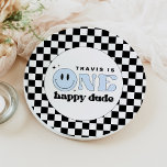 TRAVIS Blue One Happy Dude Smile Face Birthday Paper Plates<br><div class="desc">This one happy dude first birthday paper plate features a fun retro font and blue smiley face with a checkered background. This plate is perfect for your little man to celebrate his first big birthday! Pair with anything in the TRAVIS Collection for a cohesive look.</div>