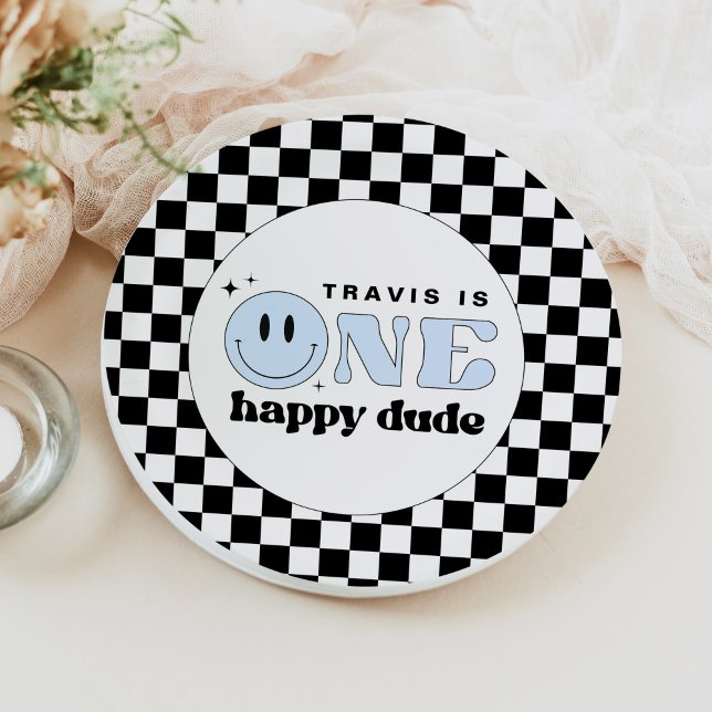TRAVIS Blue One Happy Dude Smile Face Birthday Paper Plates (Creator Uploaded)