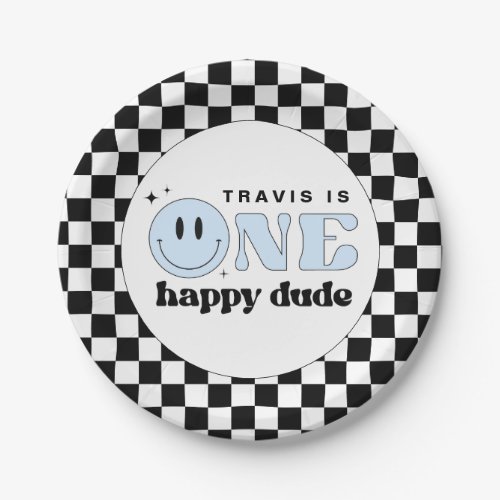 TRAVIS Blue One Happy Dude Smile Face Birthday Paper Plates