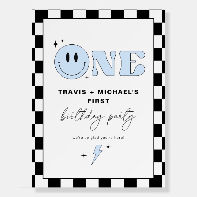 TRAVIS Blue Smile Face Two Boy Birthday Welcome Foam Board (Front)