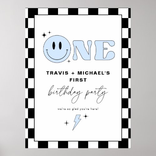 TRAVIS Blue Smile Face Two Boy Birthday Welcome Poster