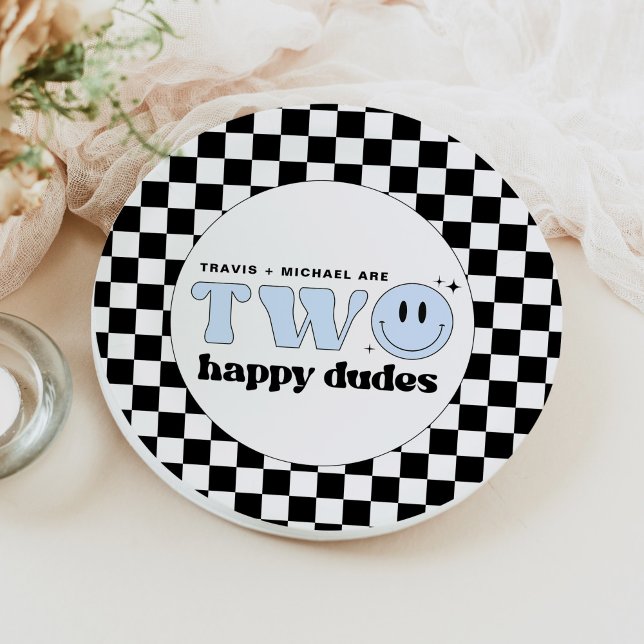 TRAVIS Blue Two Happy Dudes Smile Face Birthday Paper Plates (Creator Uploaded)