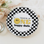 TRAVIS One Happy Dude Smile Face Birthday Paper Plates<br><div class="desc">This one happy dude first birthday paper plate features a fun retro font and yellow smiley face with a checkered background. This plate is perfect for your little man to celebrate his first big birthday! Pair with anything in the TRAVIS Collection for a cohesive look.</div>