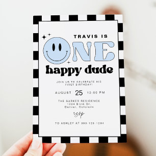 TRAVIS One Happy Dude Smile Face First Birthday Invitation