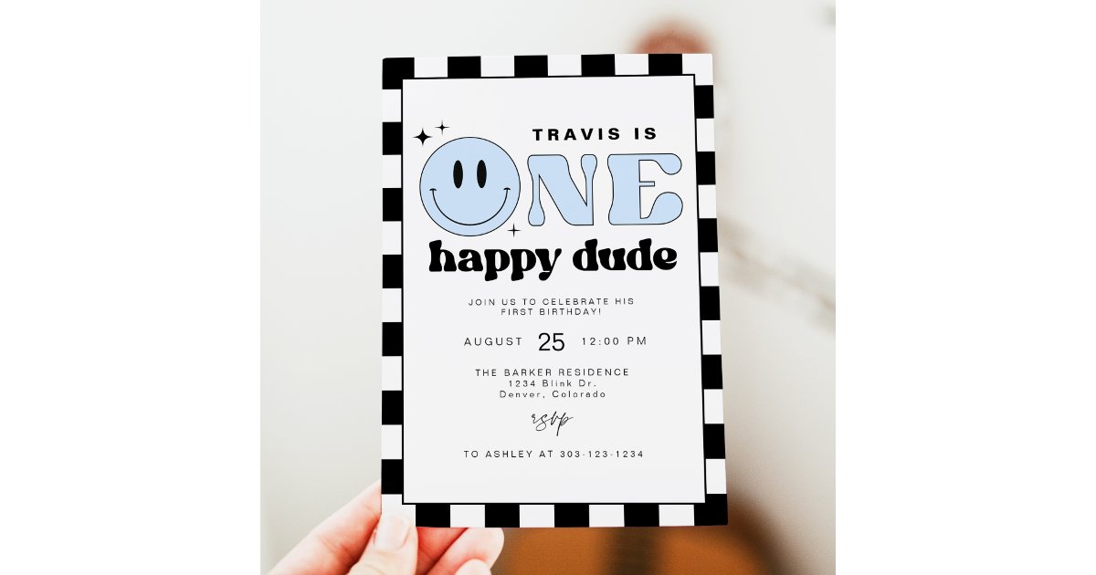 TRAVIS One Happy Dude Smile Face First Birthday Invitation