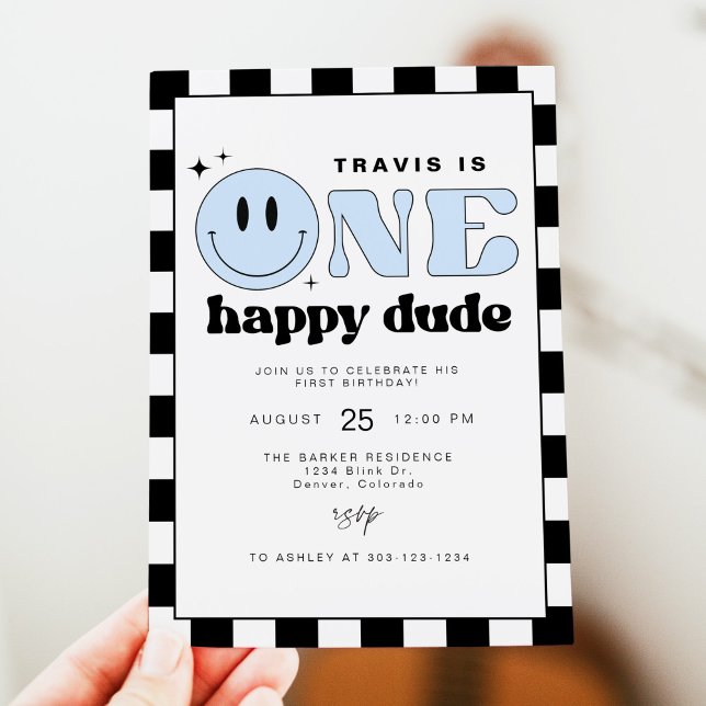 TRAVIS One Happy Dude Smile Face First Birthday Invitation (Creator Uploaded)