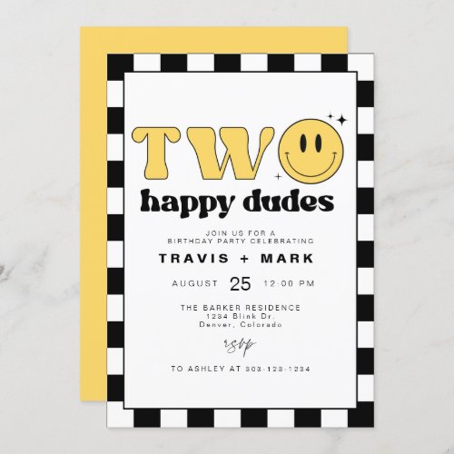 TRAVIS Two Happy Dudes Smile Face First Birthday Invitation
