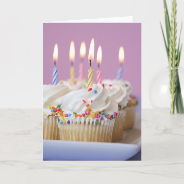 Tray of birthday cupcakes with candles card (Front)