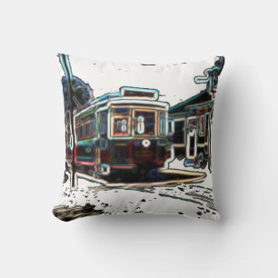 TRC Neon streetcar at stn Cotton 4x4 Throw Pillow