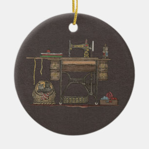 Treadle Sewing Machine & Kittens Ceramic Ornament