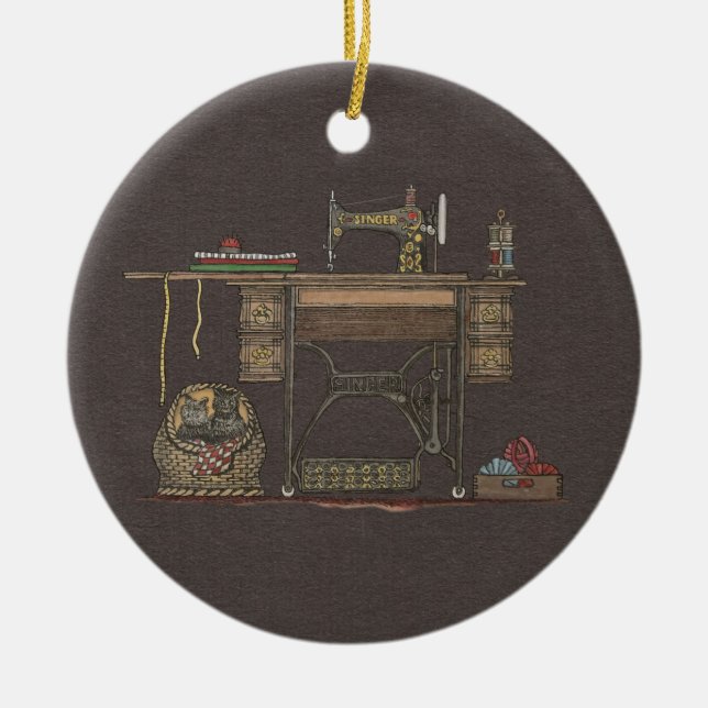 Treadle Sewing Machine & Kittens Ceramic Ornament (Front)