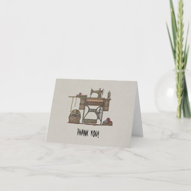 Treadle Sewing Machine & Kittens Letterpress Thank You Card (Front)