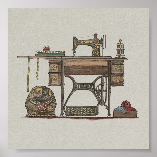 Treadle Sewing Machine & Kittens Poster (Front)