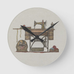 Treadle Sewing Machine & Kittens Round Clock