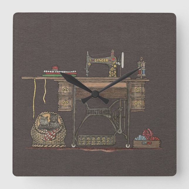 Treadle Sewing Machine & Kittens Square Wall Clock (Front)