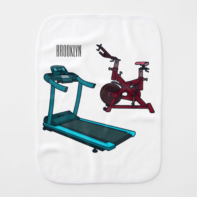 Treadmill & spinning bike cartoon illustration baby burp cloth (Front)