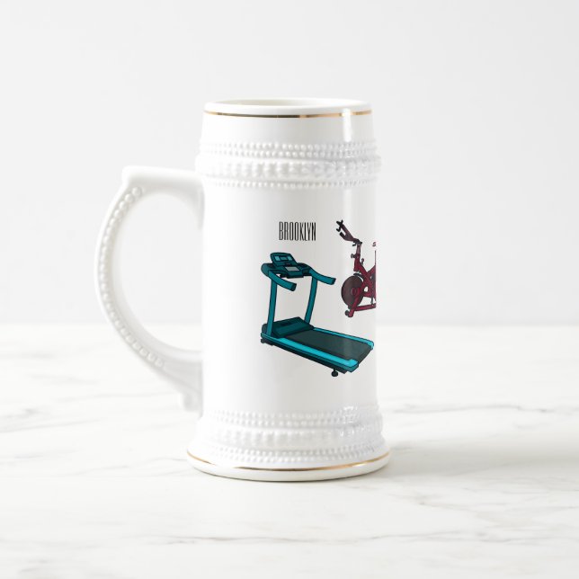 Treadmill & spinning bike cartoon illustration beer stein (Left)