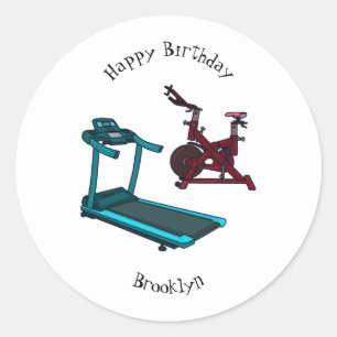 Treadmill & spinning bike cartoon illustration classic round sticker