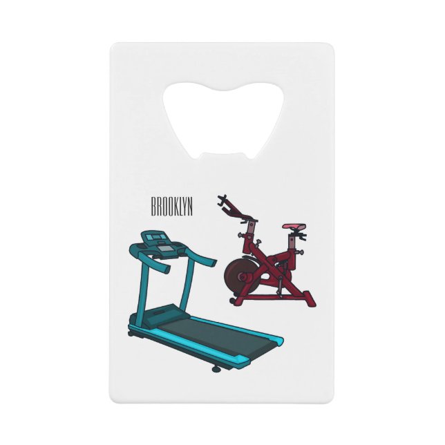 Treadmill & spinning bike cartoon illustration credit card bottle opener (Front)