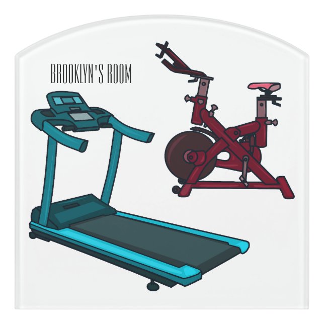Treadmill & spinning bike cartoon illustration door sign (Contour Front)