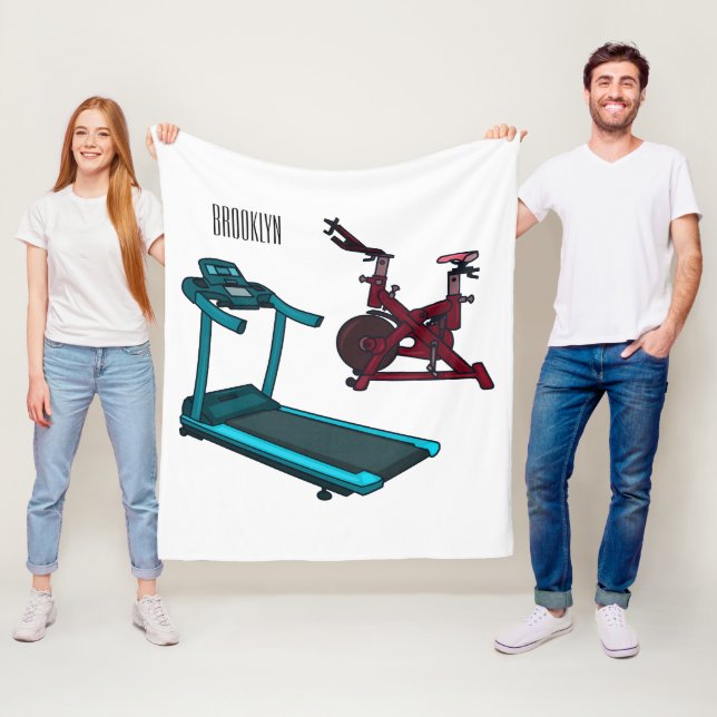 Treadmill & spinning bike cartoon illustration fleece blanket (In Situ)