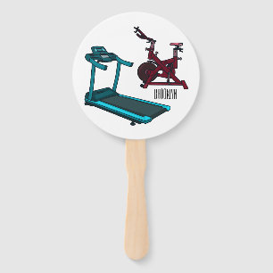 Treadmill & spinning bike cartoon illustration hand fan
