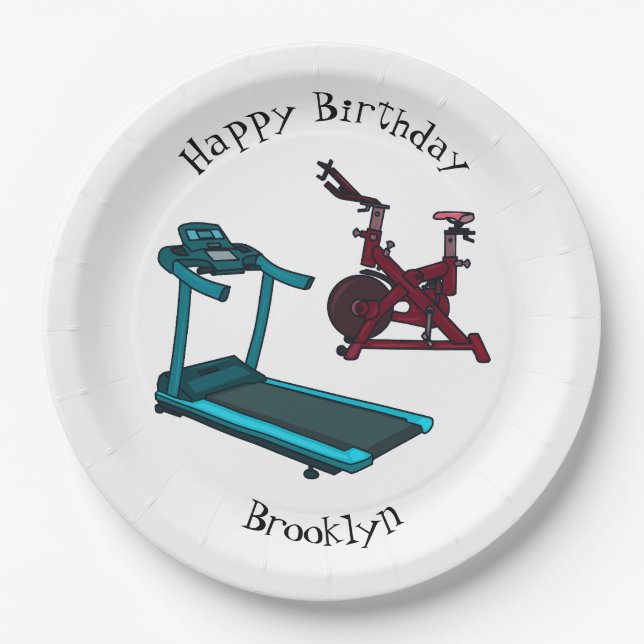 Treadmill & spinning bike cartoon illustration paper plates (Front)