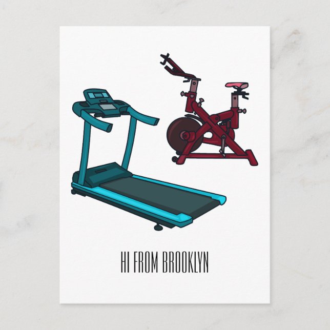 Treadmill & spinning bike cartoon illustration postcard (Front)