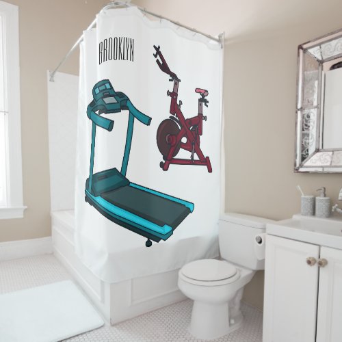 Treadmill  spinning bike cartoon illustration shower curtain