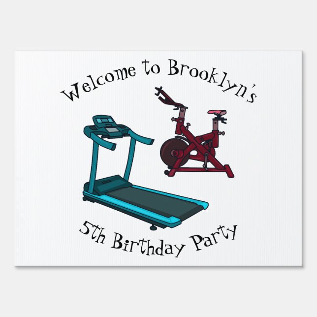 Treadmill & spinning bike cartoon illustration sign (Front)