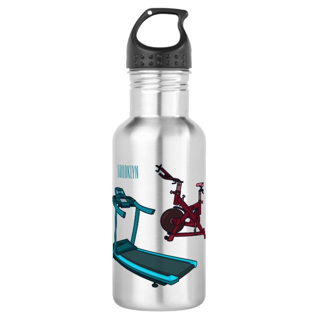 Treadmill & spinning bike cartoon illustration stainless steel water bottle (Front)